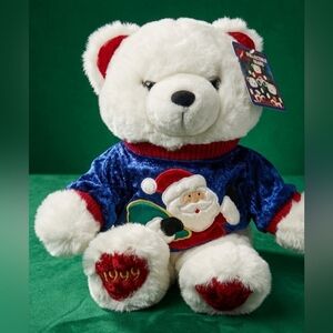 Vintage 1999 Kmart Collectible Christmas WhiteTeddy Bear w/Colorful Sweater NWT